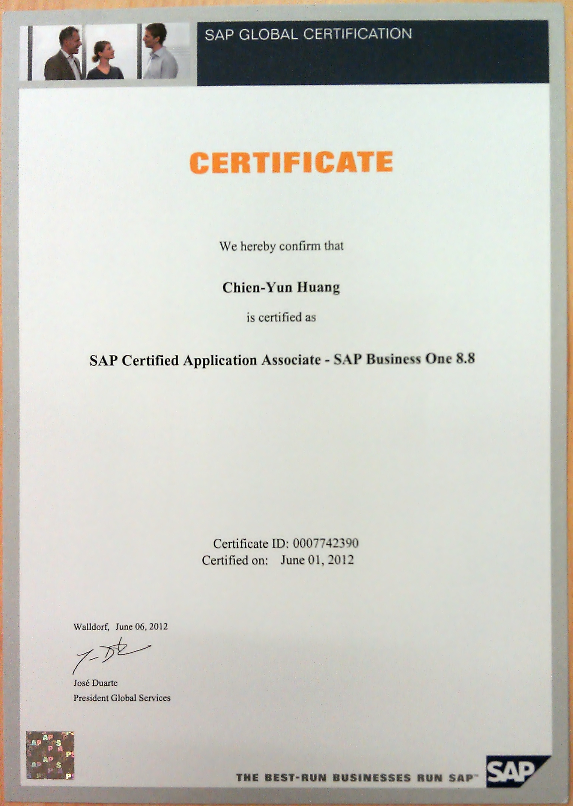 2 , SAP B1 8.8認證證書