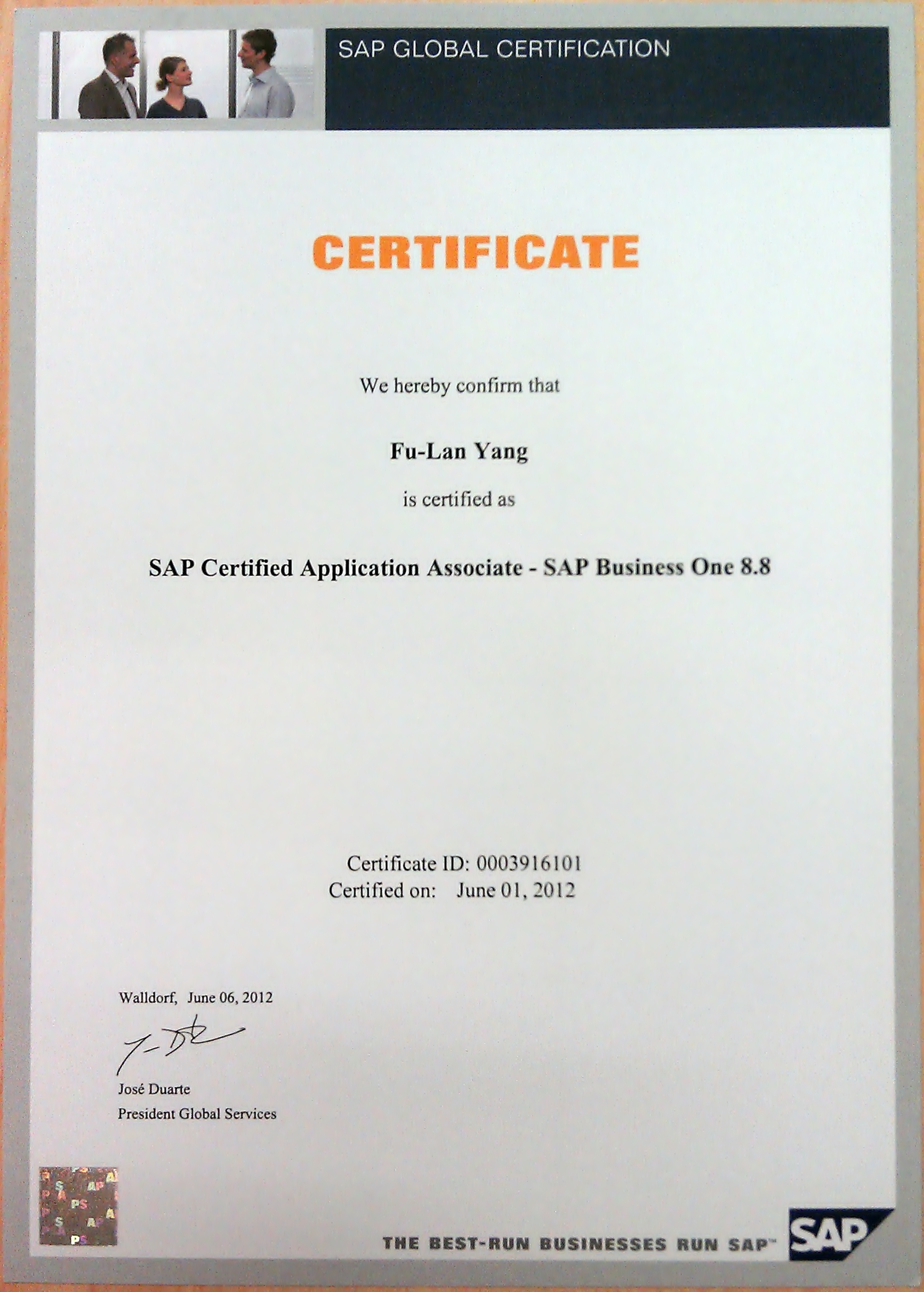 1 , SAP B1 8.8認證證書
